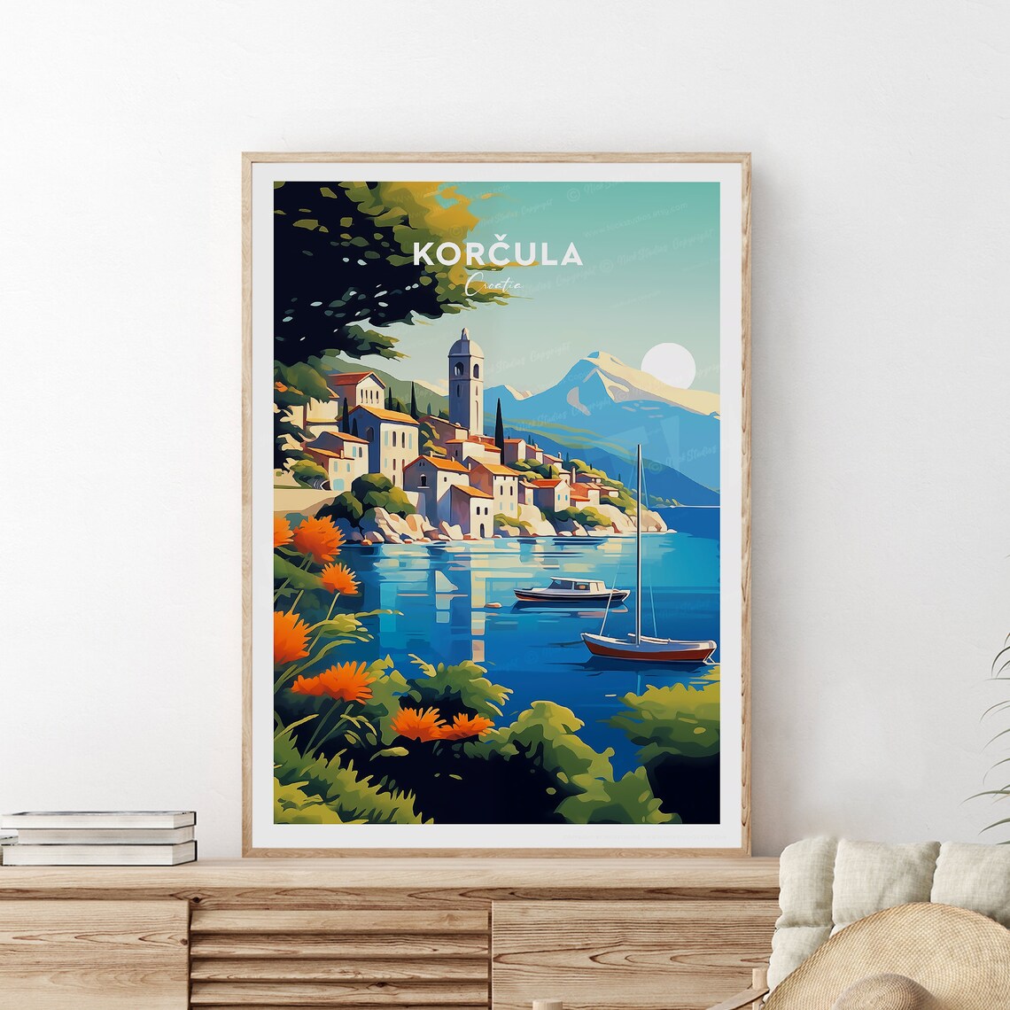 Korcula Croatia Island Old Town Harbor Sailboat Travel Poster - Image 2