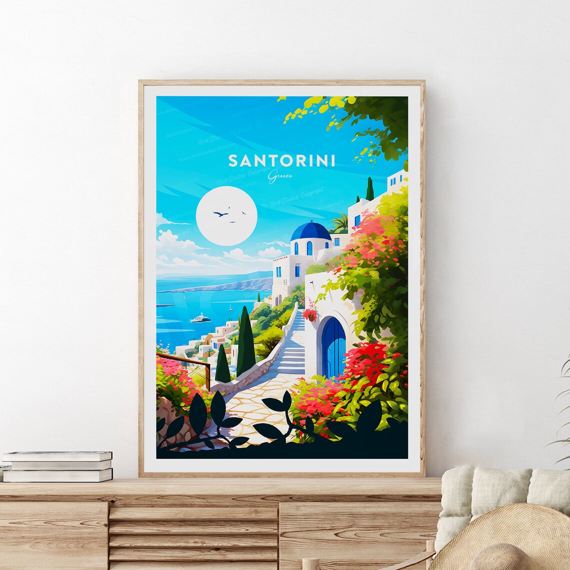 Santorini Greece Blue Dome Church Village Scene Travel Poster