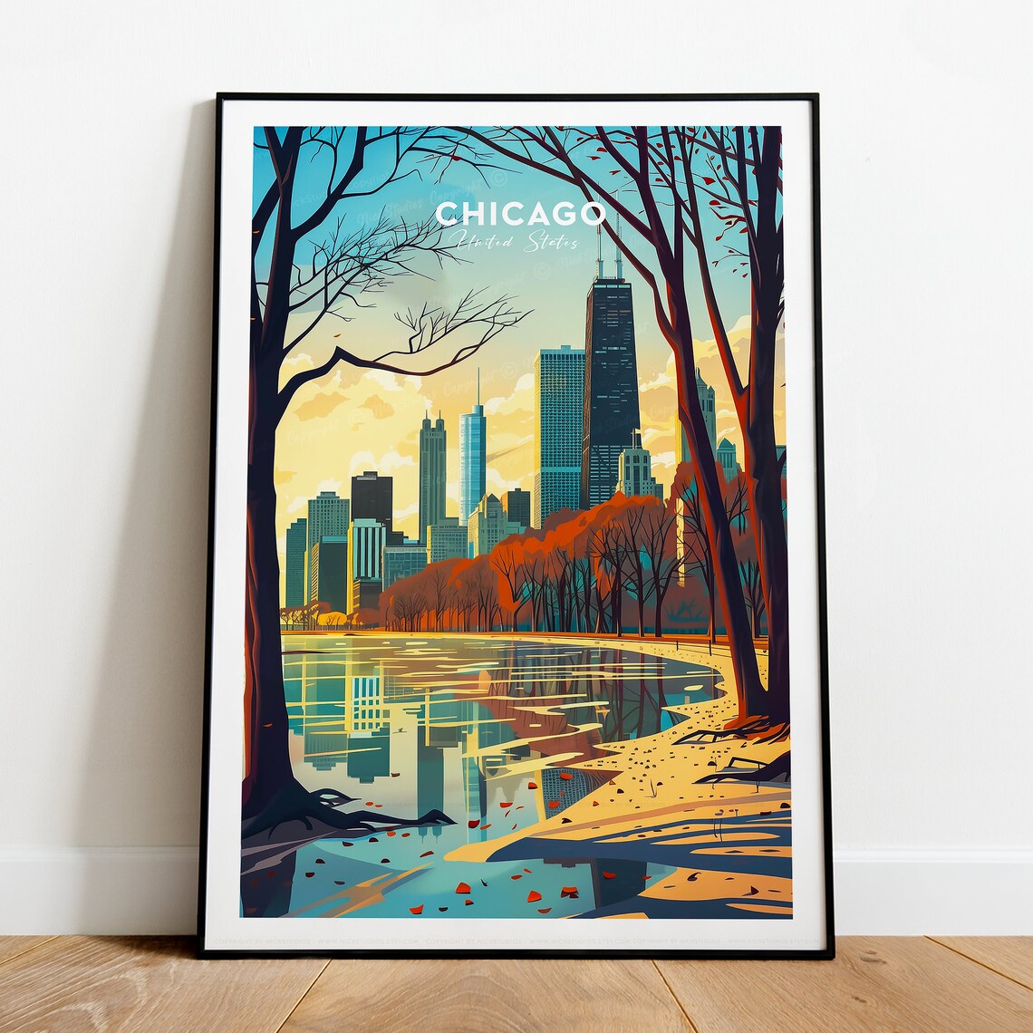 Chicago United States Skyline Autumn Trees Reflecting Lake Poster