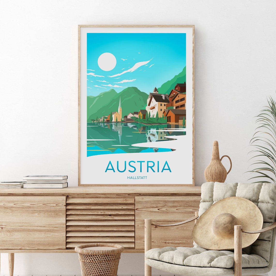 Hallstatt Austria Lakeside Village Mountain Reflection Travel Poster