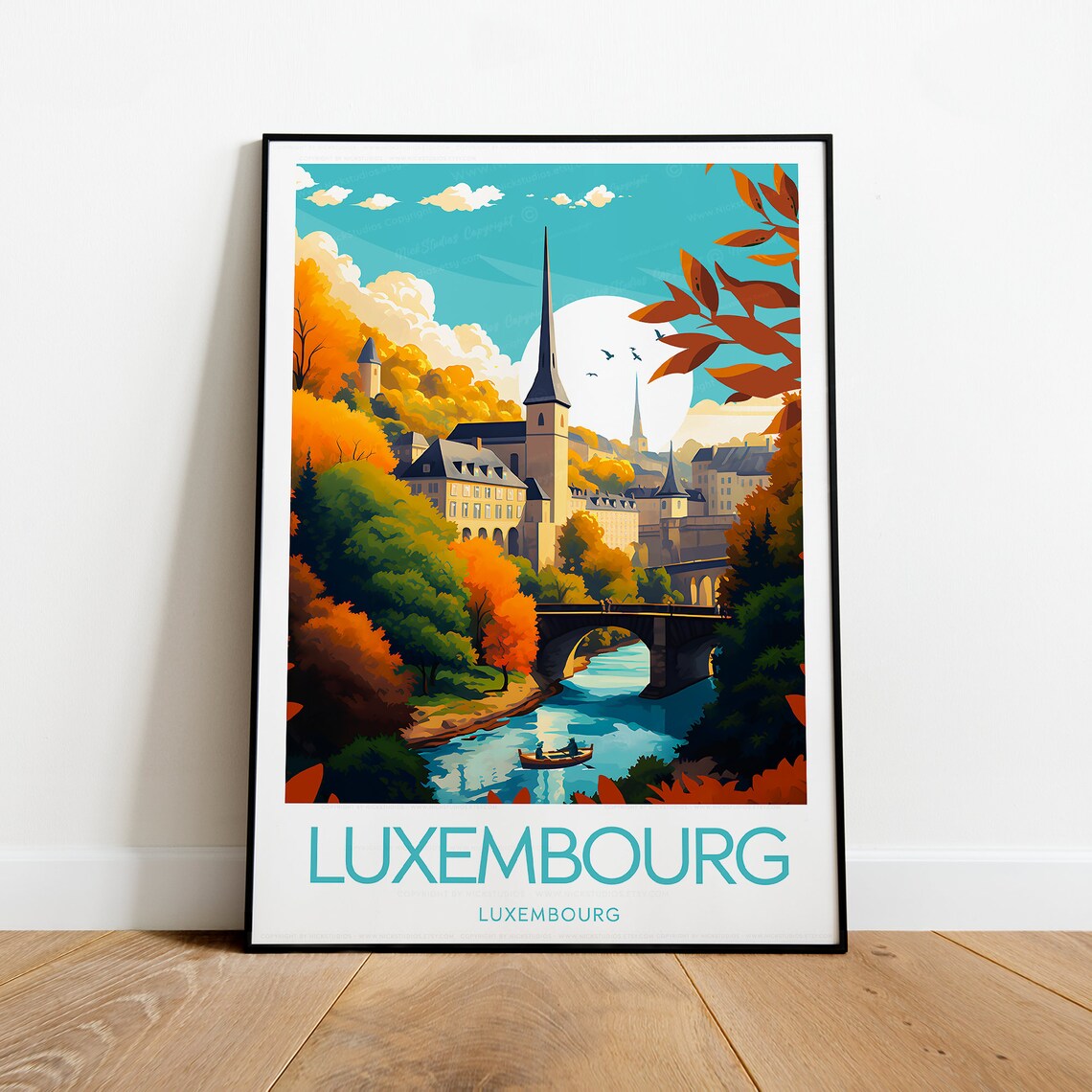 Luxembourg City Autumn Old Town Riverside Bridge Travel Poster