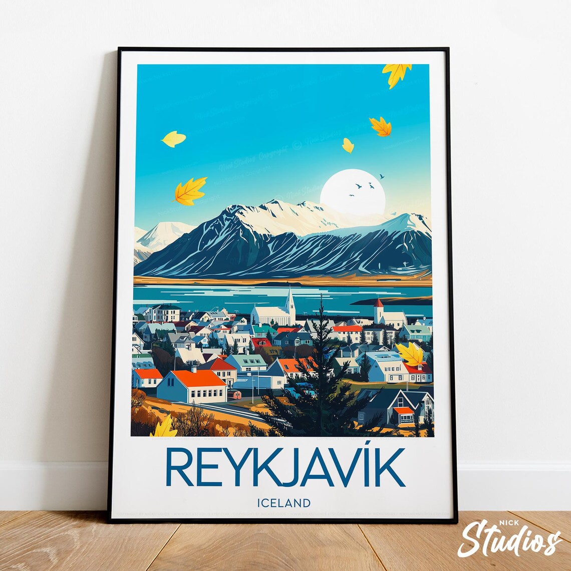 Reykjavik Iceland Autumn Leaves Harbor View Travel Decor Poster