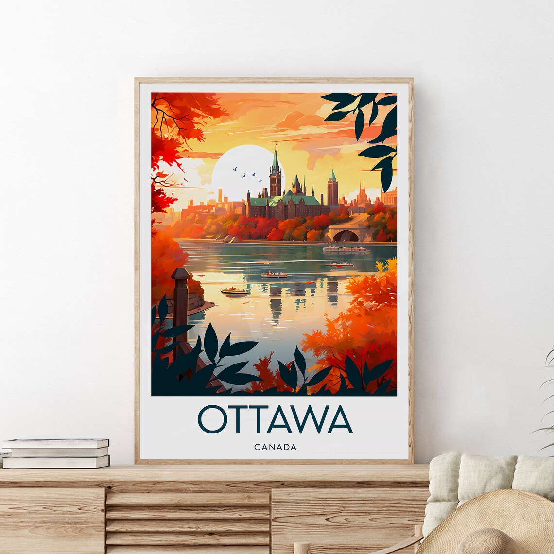 Ottawa Canada Parliament Hill Autumn River Sunset Travel Poster
