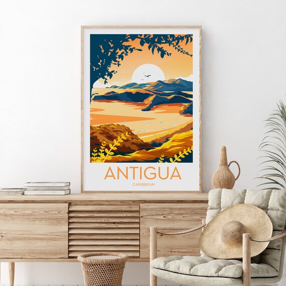 Antigua Caribbean Golden Sunset Bay Sailboats Hills Travel Poster