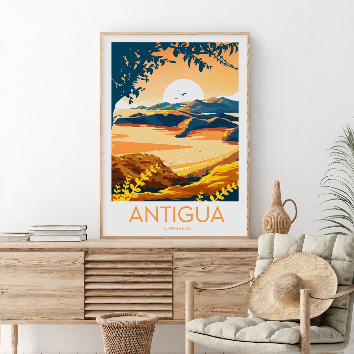 Antigua Caribbean Golden Sunset Bay Sailboats Hills Travel Poster