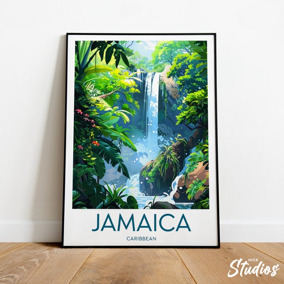 Jamaica Travel Print Caribbean Jamaica Poster Jamaica Artwork Caribbean Poster Jamaica Beach Waterfall Artwork Jungle Print