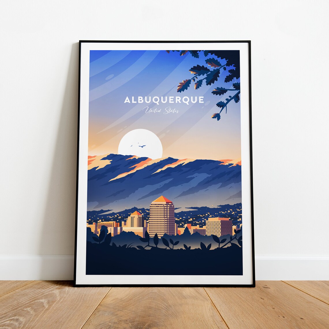 Albuquerque New Mexico Skyline Mountains Moon Dusk City Travel Poster