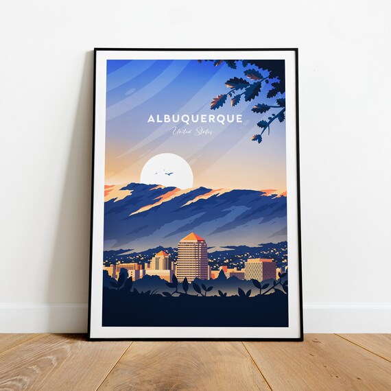 Albuquerque New Mexico Skyline Mountains Moon Dusk City Travel Poster