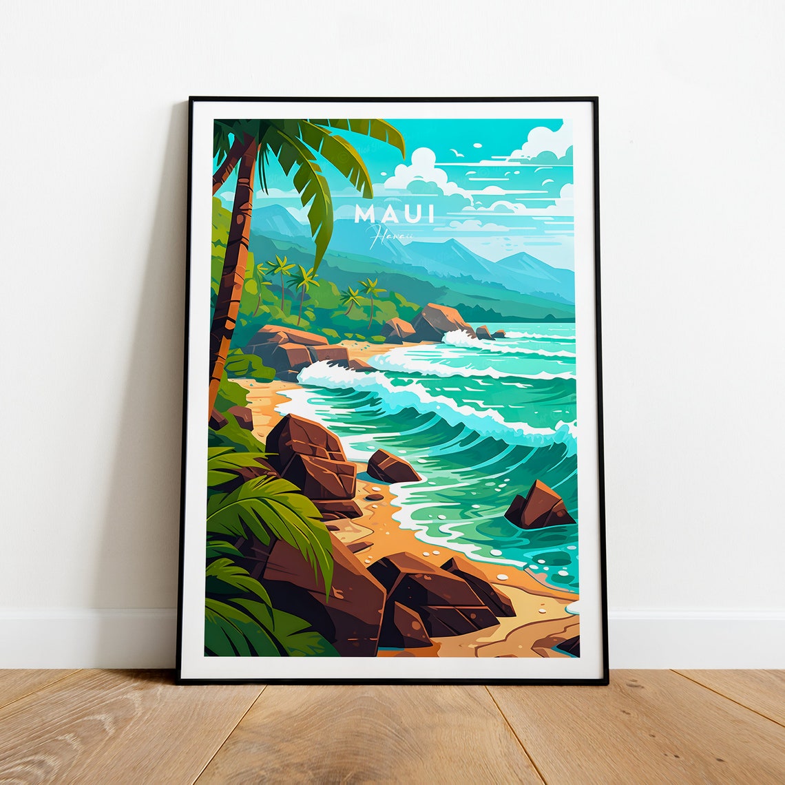 Maui Hawaii Rocky Beach Palm Trees Rolling Ocean Waves Travel Poster - Image 2
