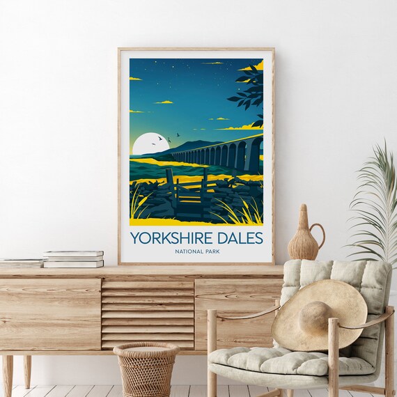 Yorkshire Dales National Park Vintage Viaduct Sunset Travel Poster