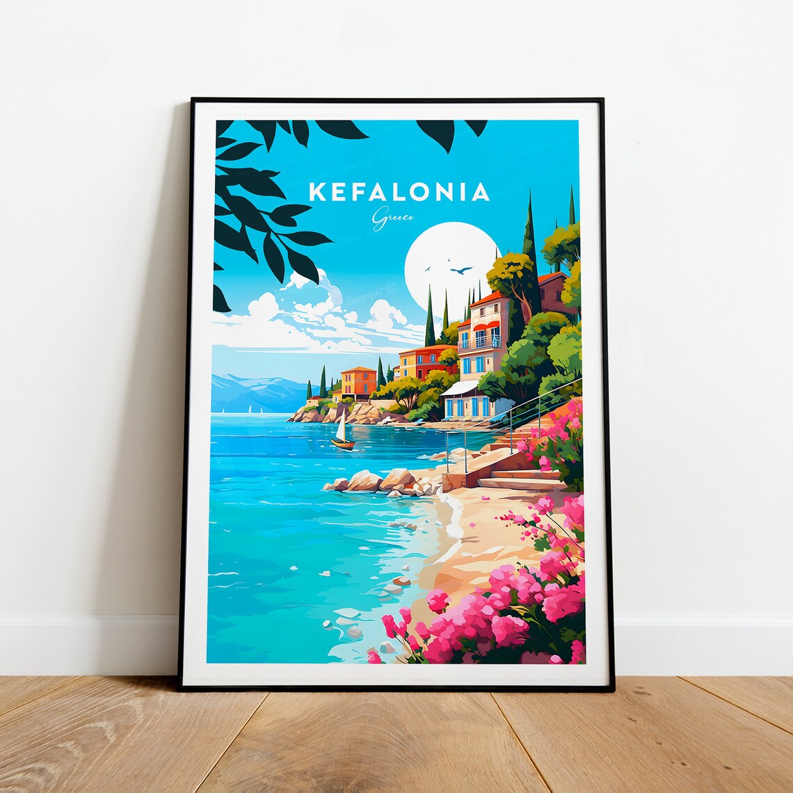Kefalonia Greece Harbor Vibrant Coastal Village Travel Poster