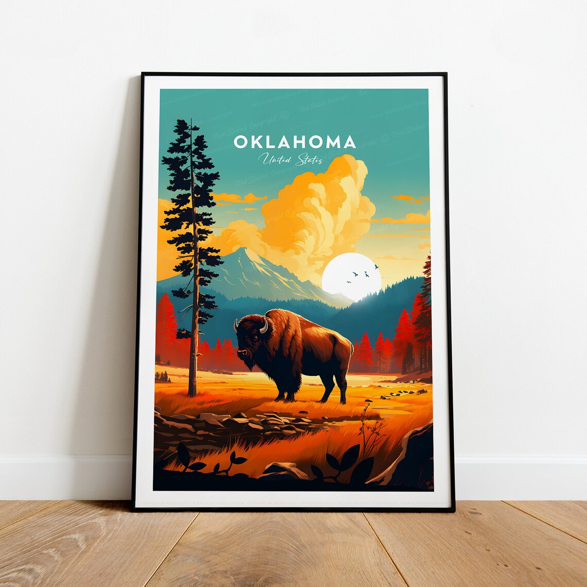 Oklahoma Great Plains Bison at Sunset Mountain Wildlife Travel Poster