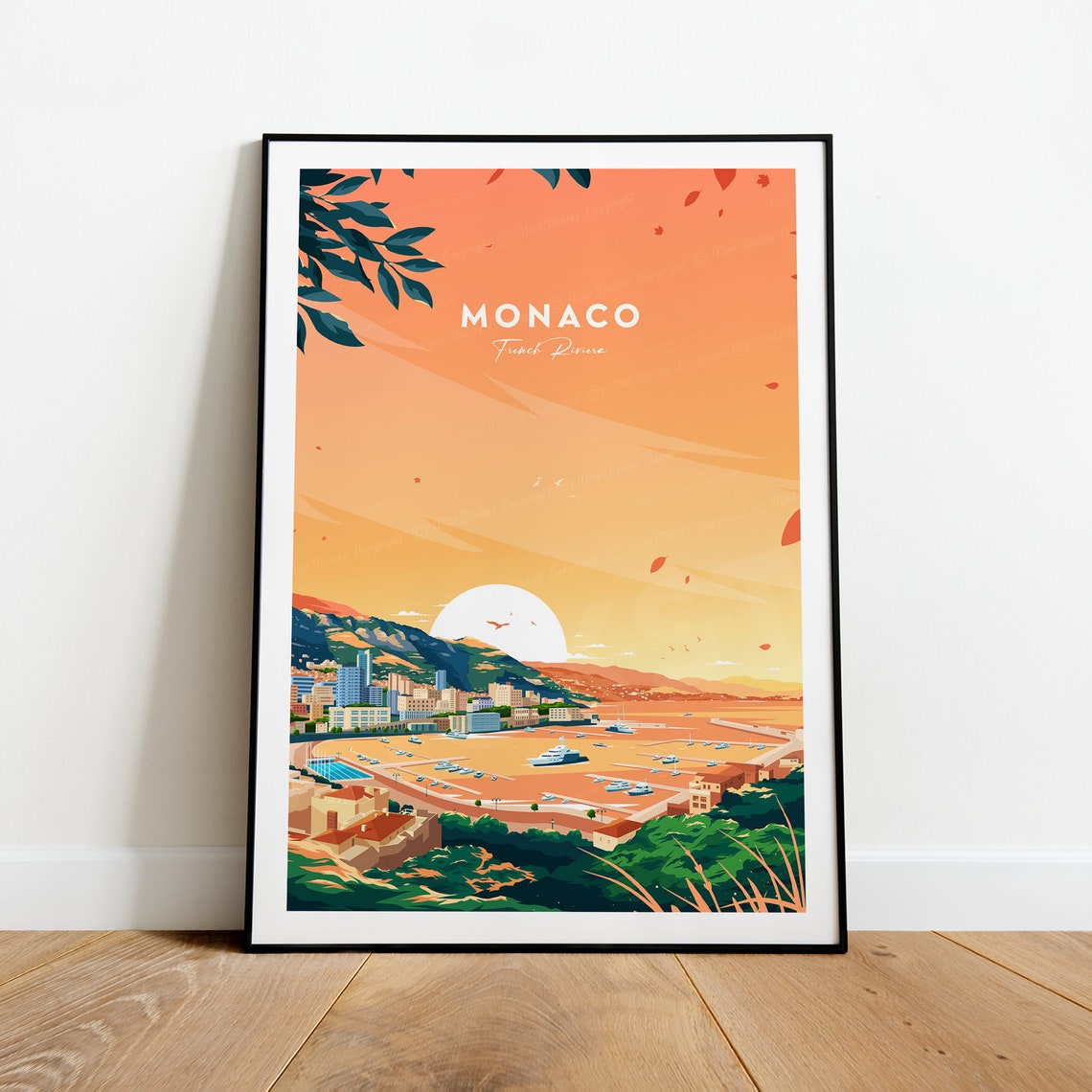 Monaco French Riviera Evening Sunset Harbor Panorama Travel Poster