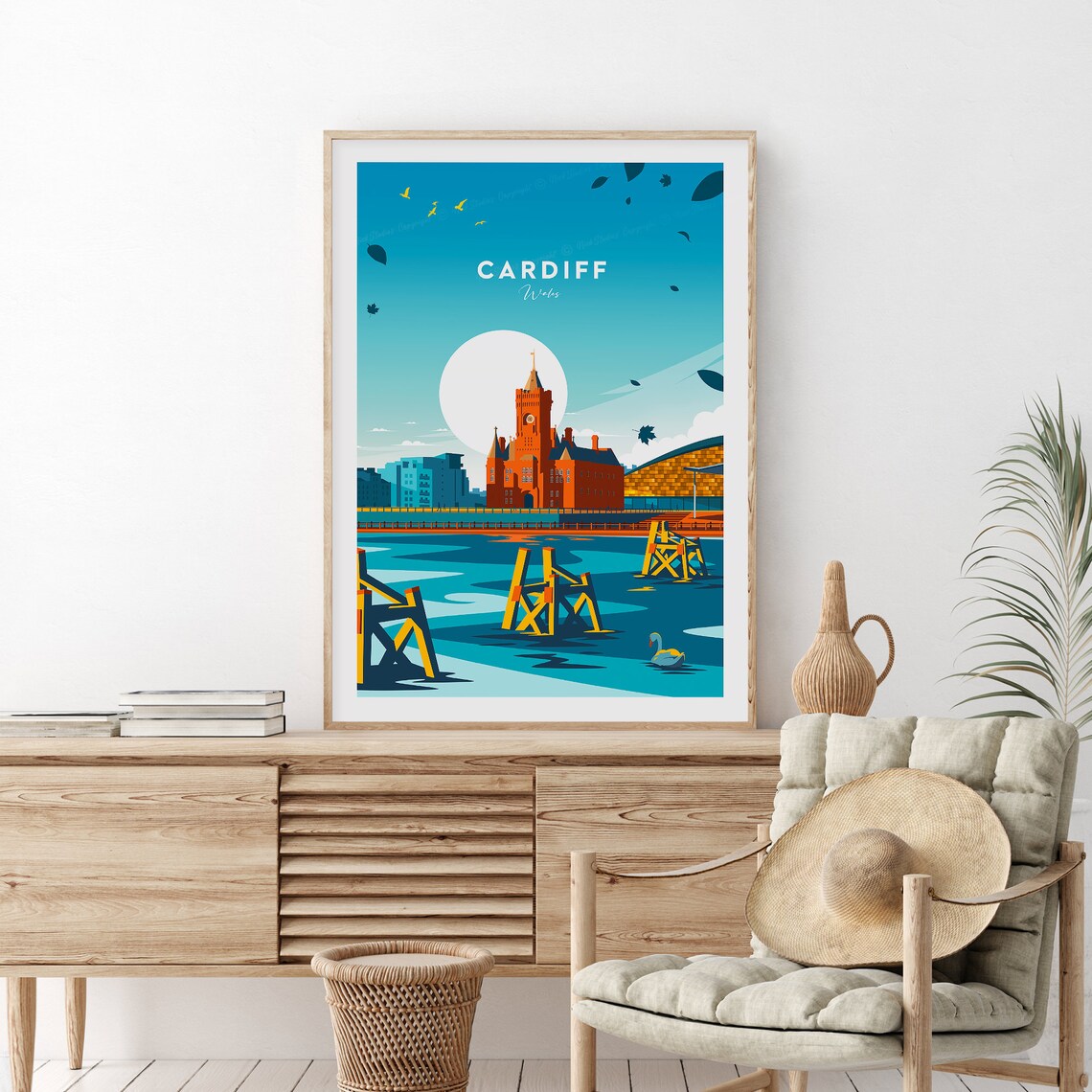 Cardiff Wales Bay Waterfront Sunset Travel Scene Artwork Poster