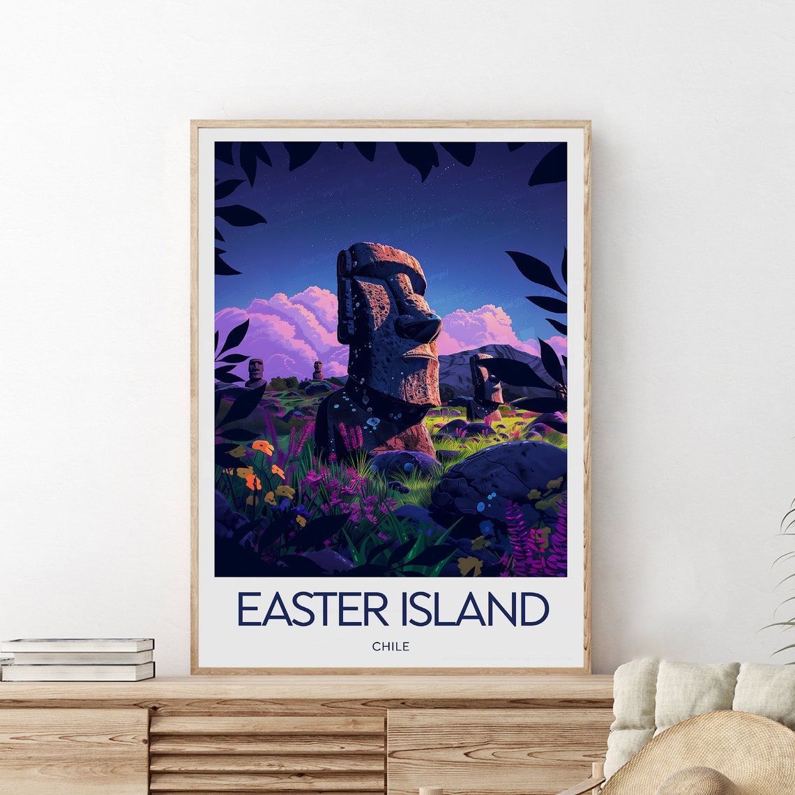 Vibrant Easter Island Chile Moai Statues Twilight Garden Poster - Image 2