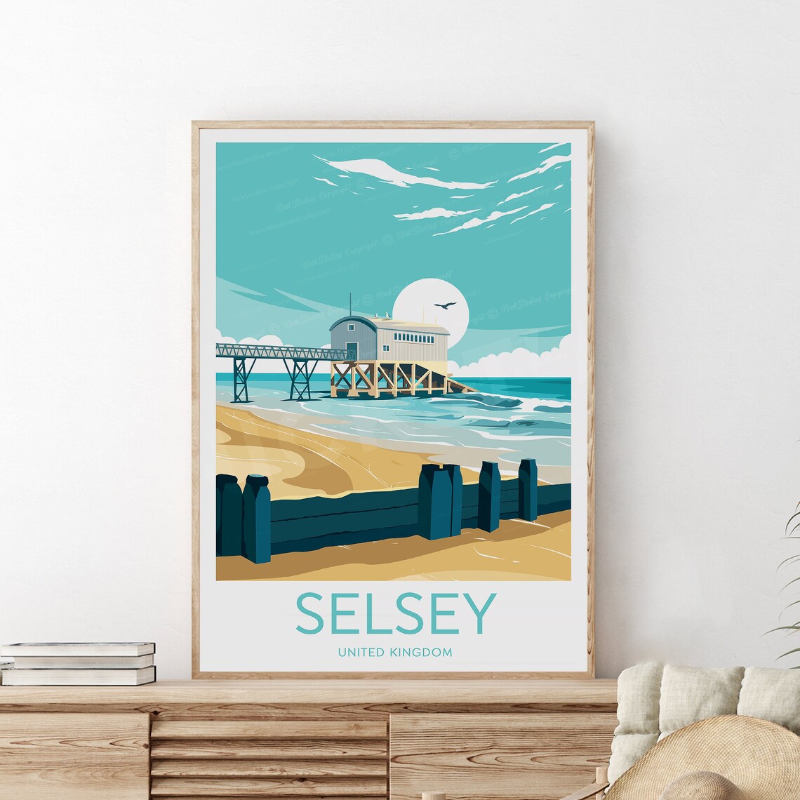Selsey United Kingdom Seaside Pier on Golden Beach Travel Poster