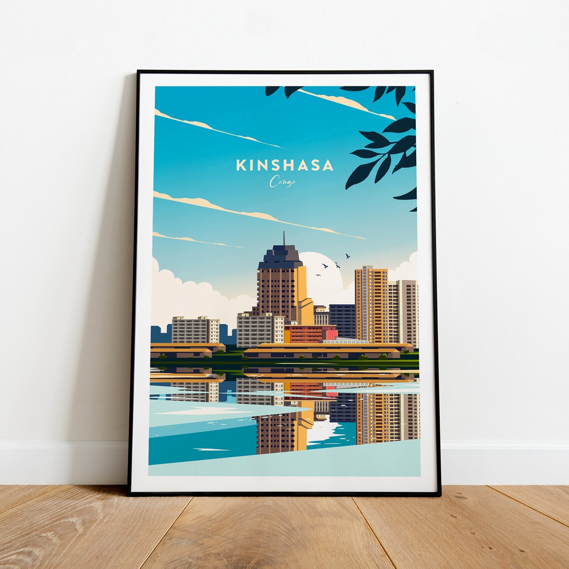 Kinshasa Democratic Republic Congo River Skyline Vintage Travel Poster