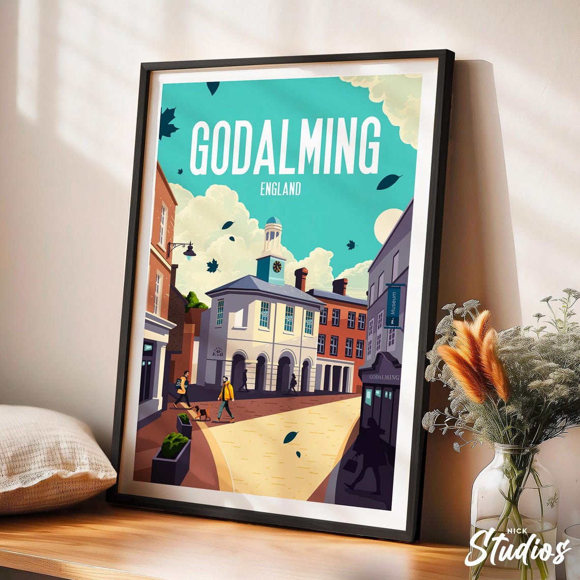 Godalming Town Square Clock Tower Scene Traditional Top Text Poster