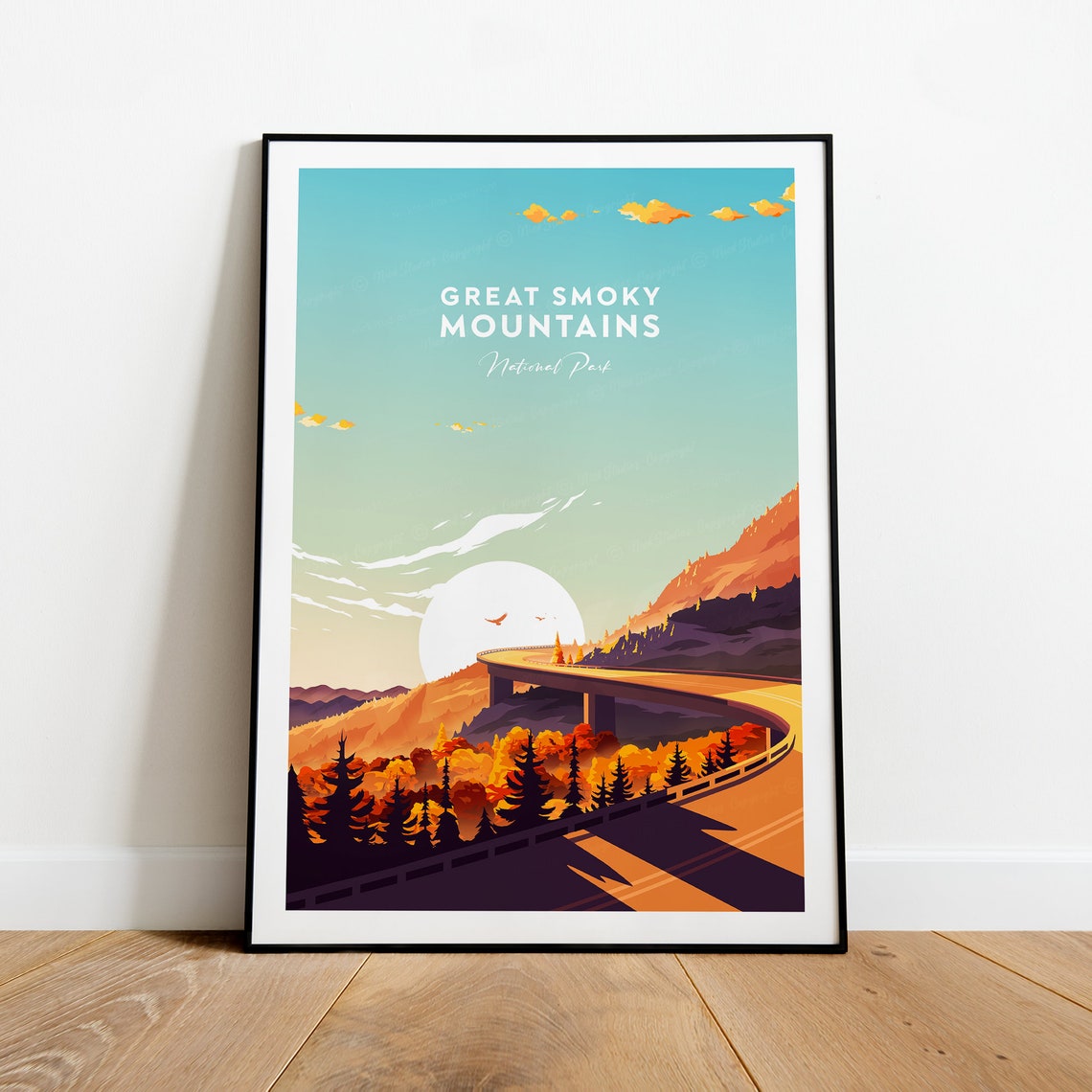 Great Smoky Mountains Sunset Road In-Art Caption Travel Poster