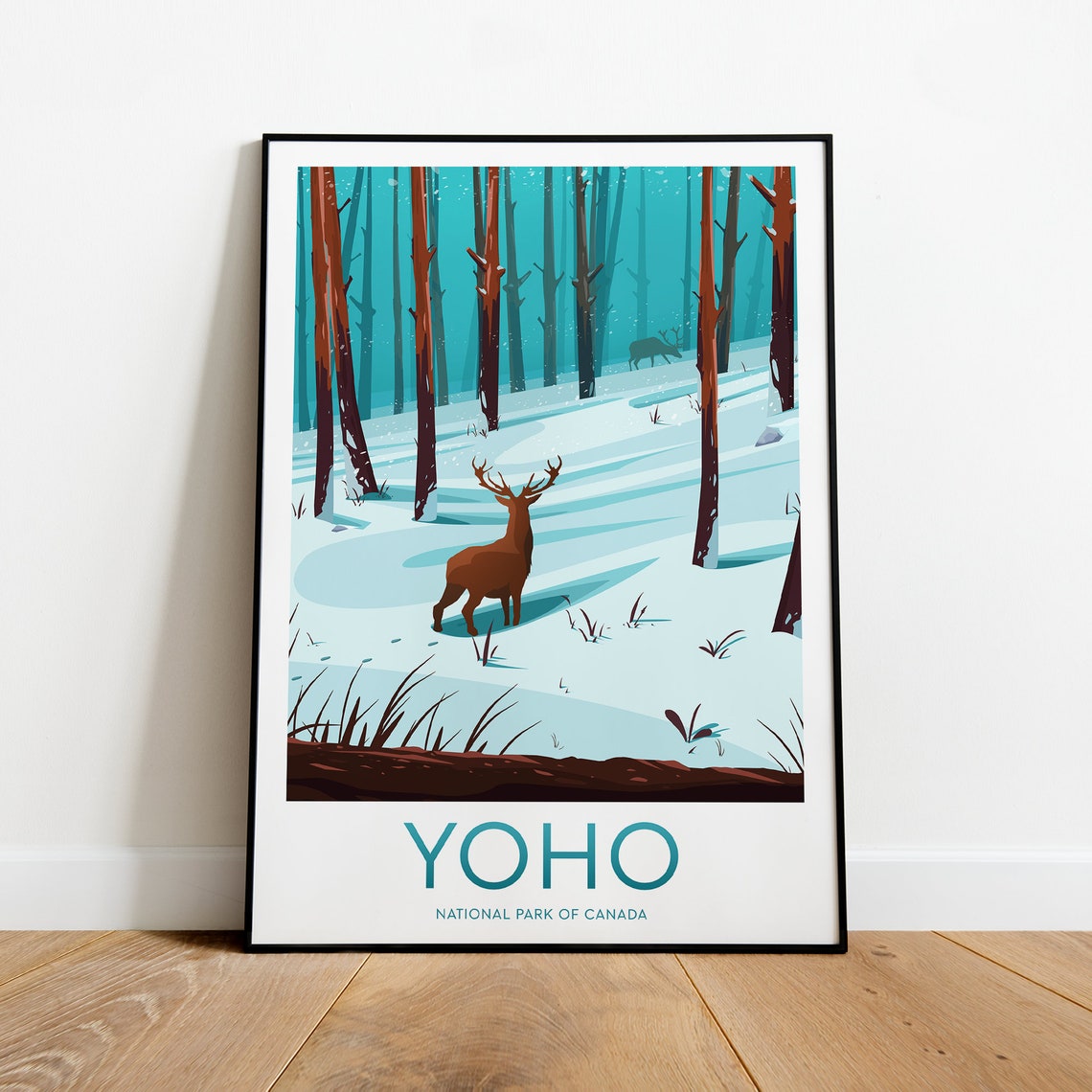Yoho National Park Canada Snowy Forest Stag Night Scene Poster