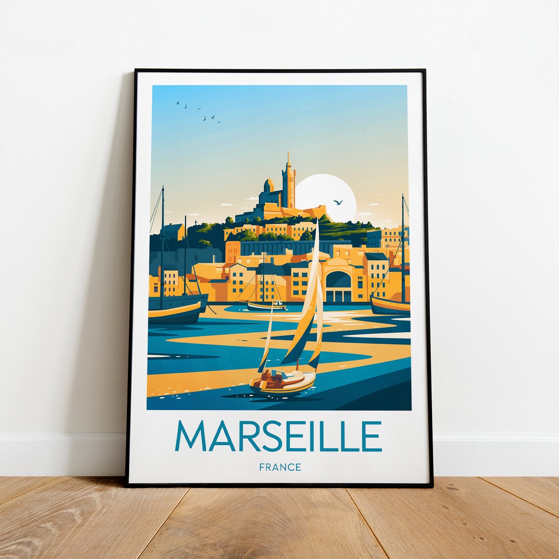 Marseille France Old Harbor Sunset Sailboat Retro Travel Poster