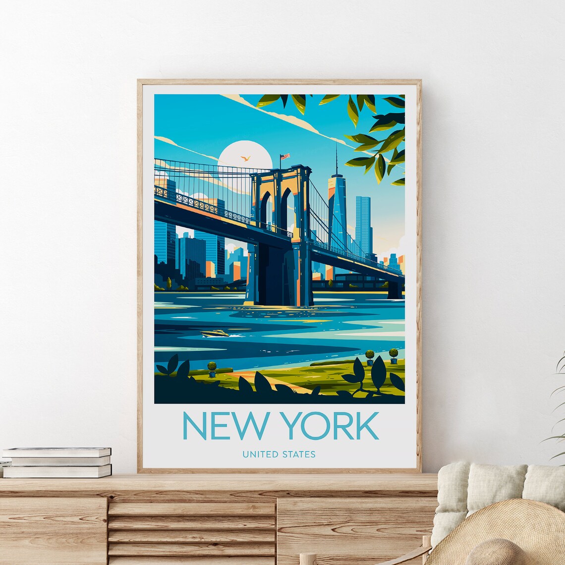 New York City Brooklyn Bridge Manhattan Skyline Morning Travel Poster