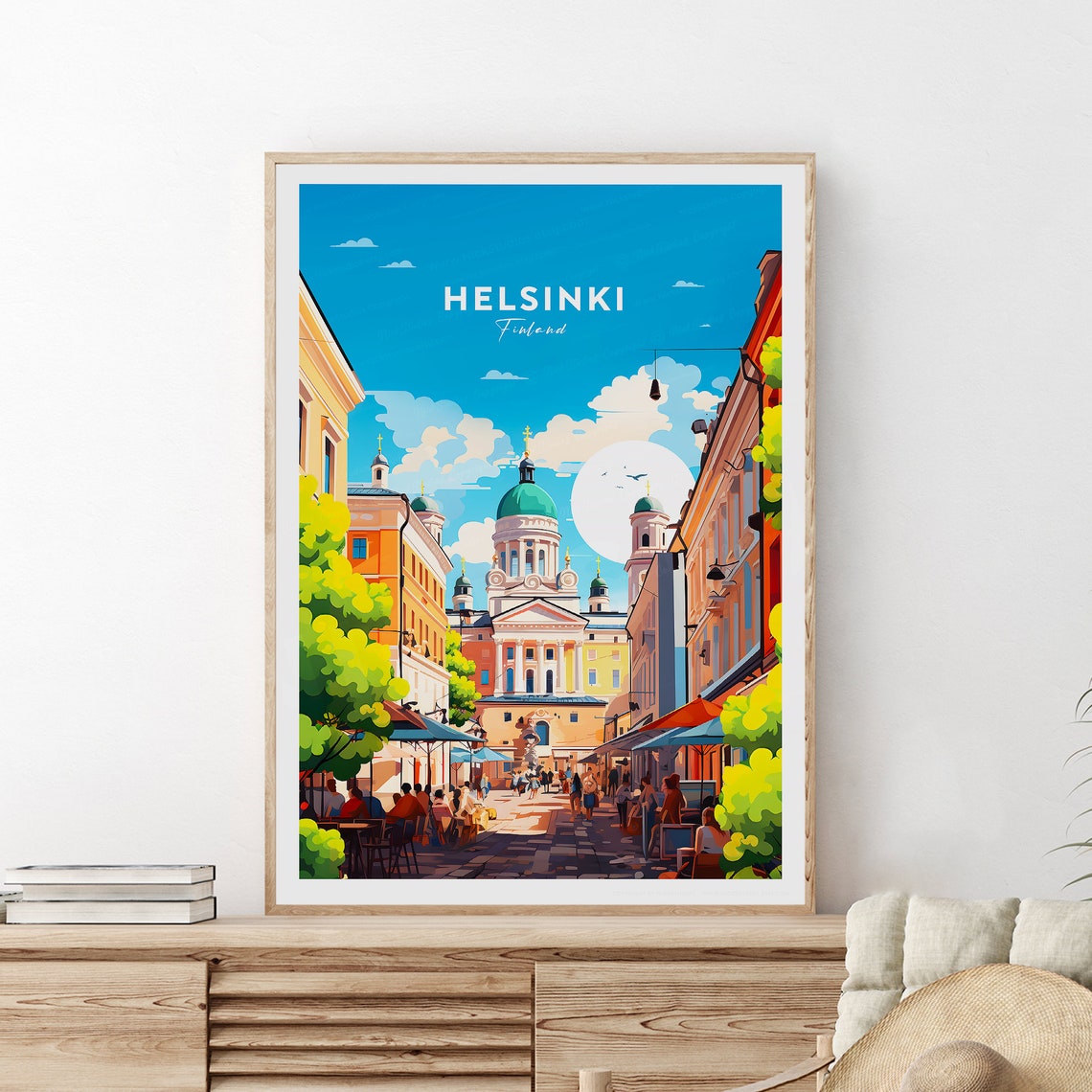 Helsinki Finland White Cathedral Street Bustling Cafes Poster - Image 2