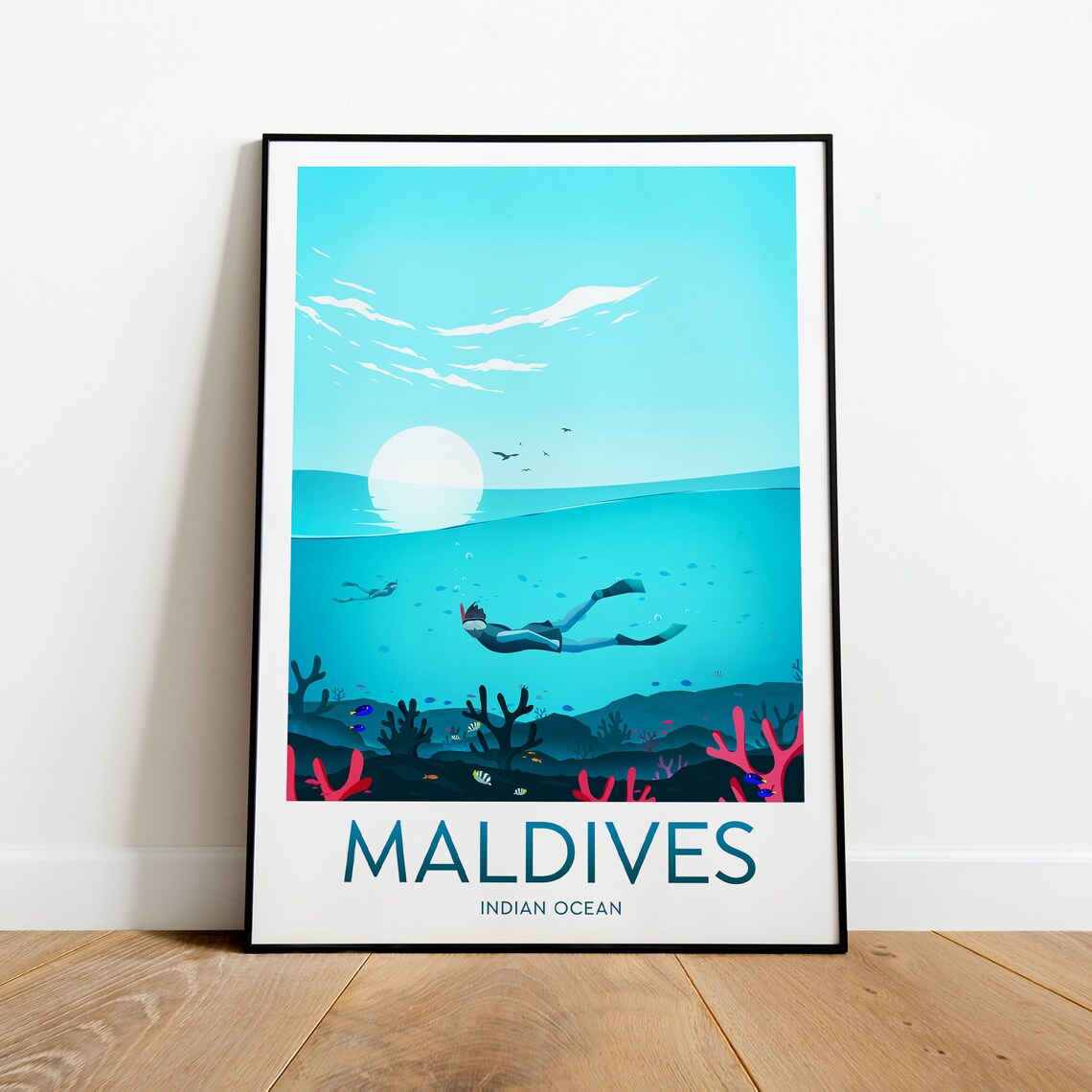 Maldives Indian Ocean Snorkeling Diver Over Coral Reef Travel Poster