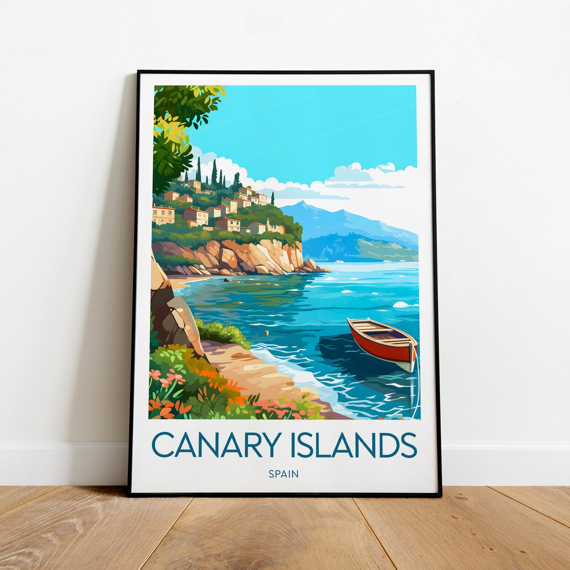 Canary Islands Spain Cliffside Cove Red Boat Blue Sea Poster - Image 2