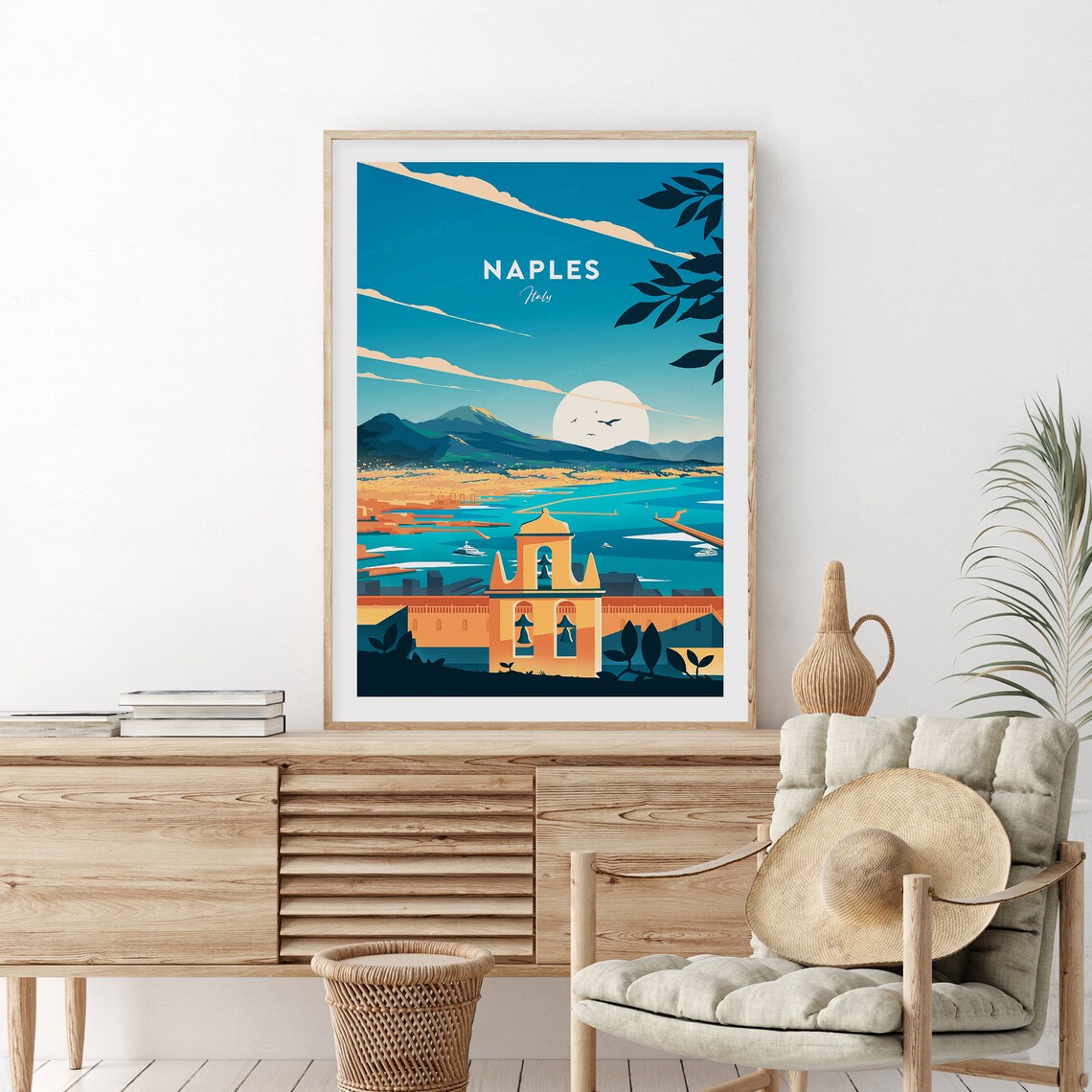 Naples Italy Bay Vesuvius Bright Day Cityscape Travel Poster