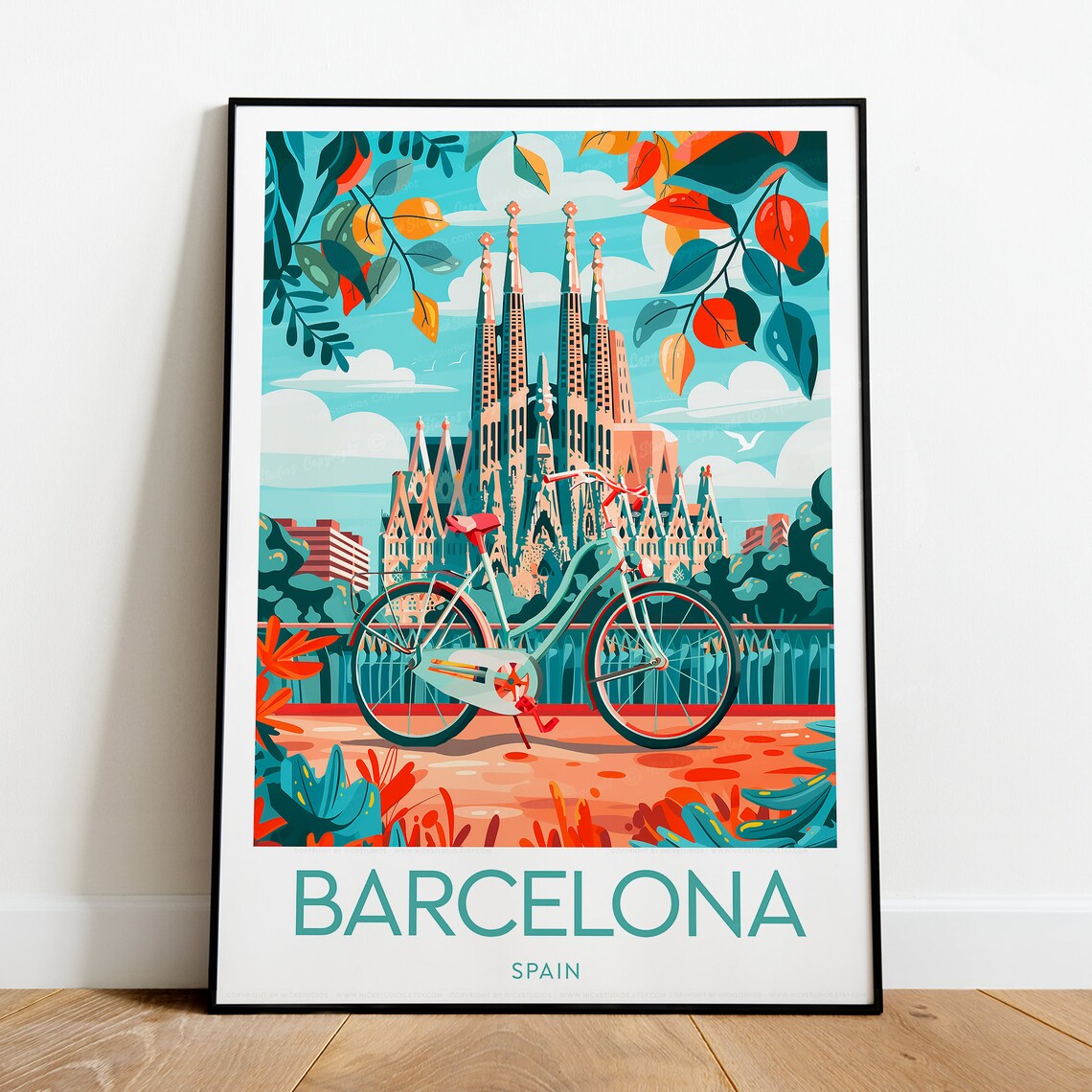 Barcelona Spain Sagrada Familia And Vintage City Bicycle Poster