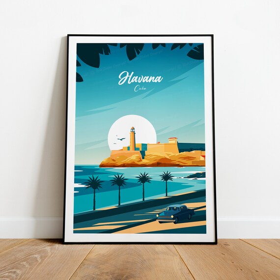 Havana Cuba Vintage Travel Poster Overlooking El Morro Harbor Bay