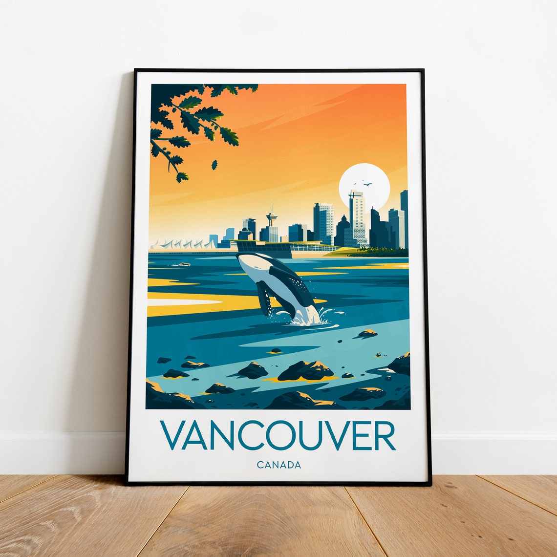 Vancouver Canada Sunset Orca Whale Skyline Harbor Travel Poster