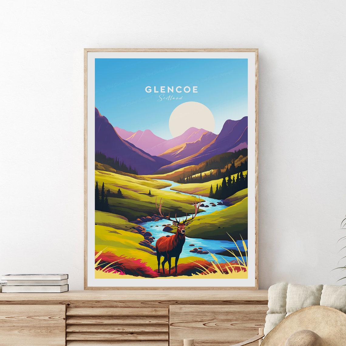Glencoe Scotland Travel Poster with Red Deer Stag in Mountain Glen