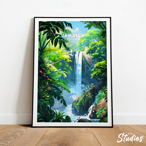 Jamaica Travel Print Caribbean Jamaica Poster Jamaica Artwork Caribbean Poster Jamaica Beach Waterfall Artwork Jungle Print