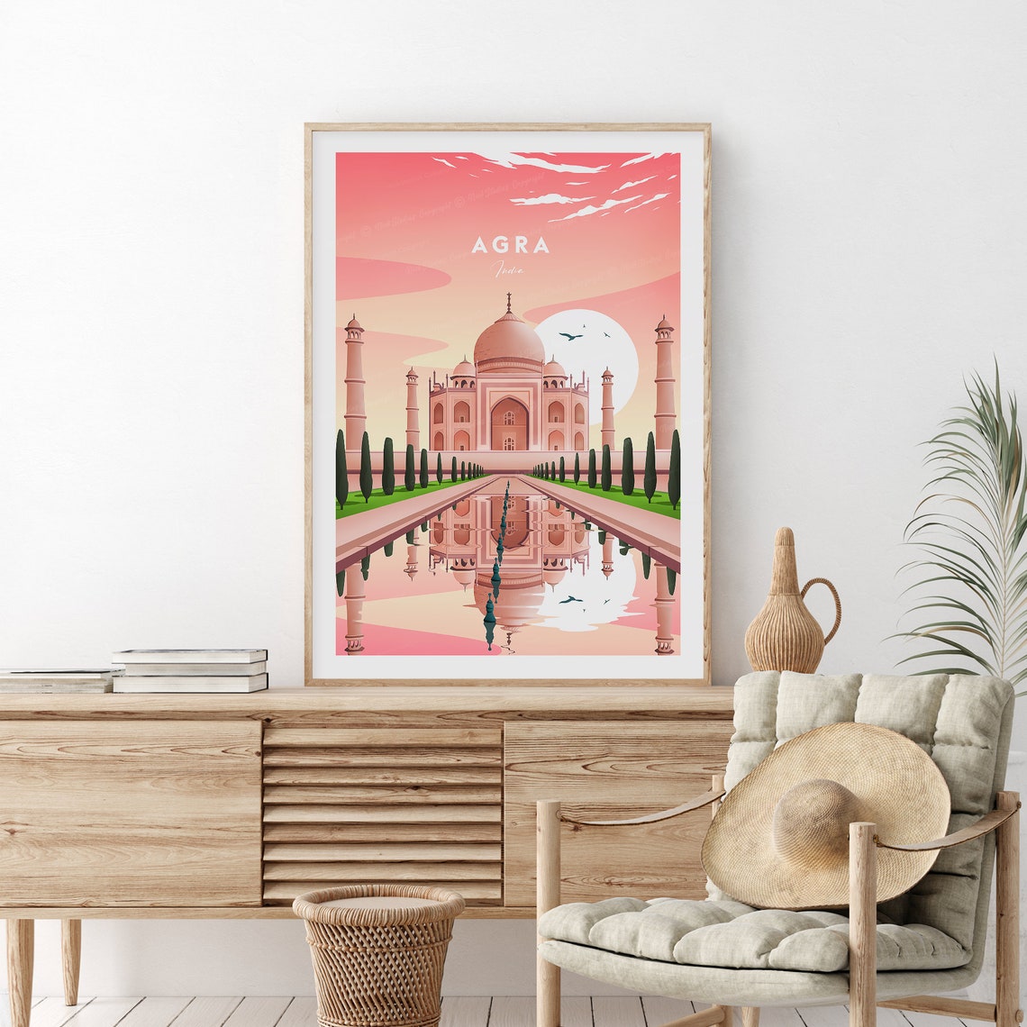 Agra India Taj Mahal Sunset Reflection Pink Sky Garden Art Poster