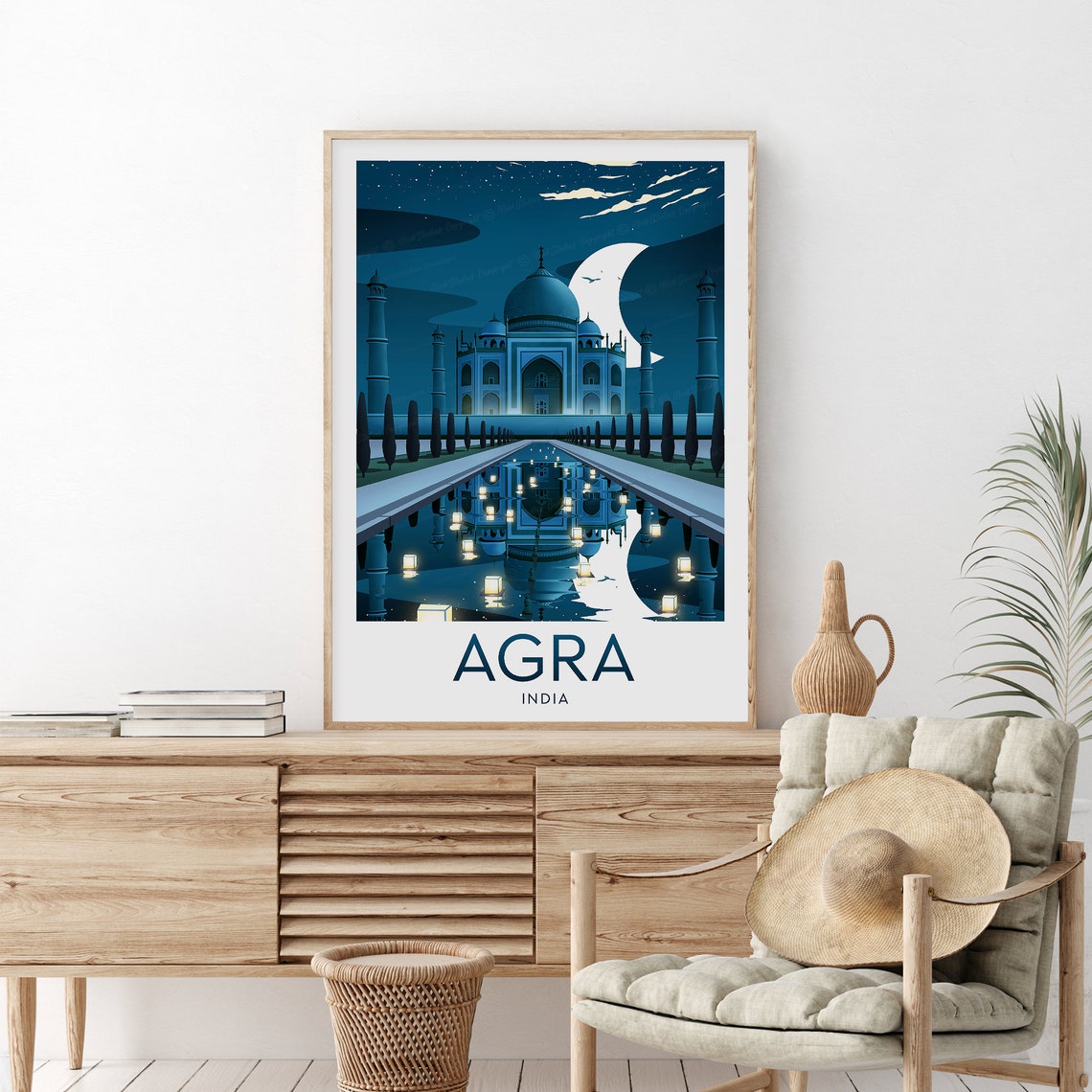 Agra India Taj Mahal Moonlit Night Reflection Retro Travel Poster