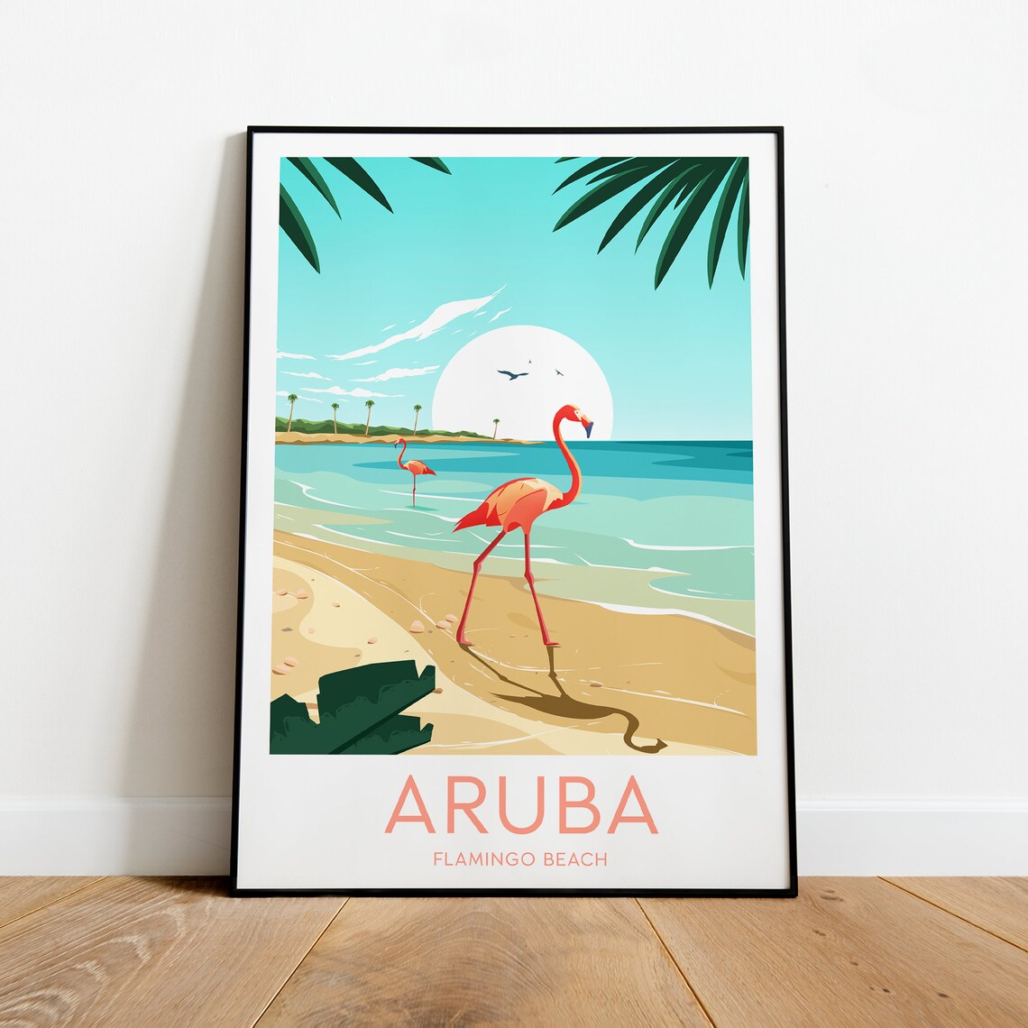 Aruba Flamingo Beach Sunset Scene Tropical Pink Flamingos Poster - Image 2