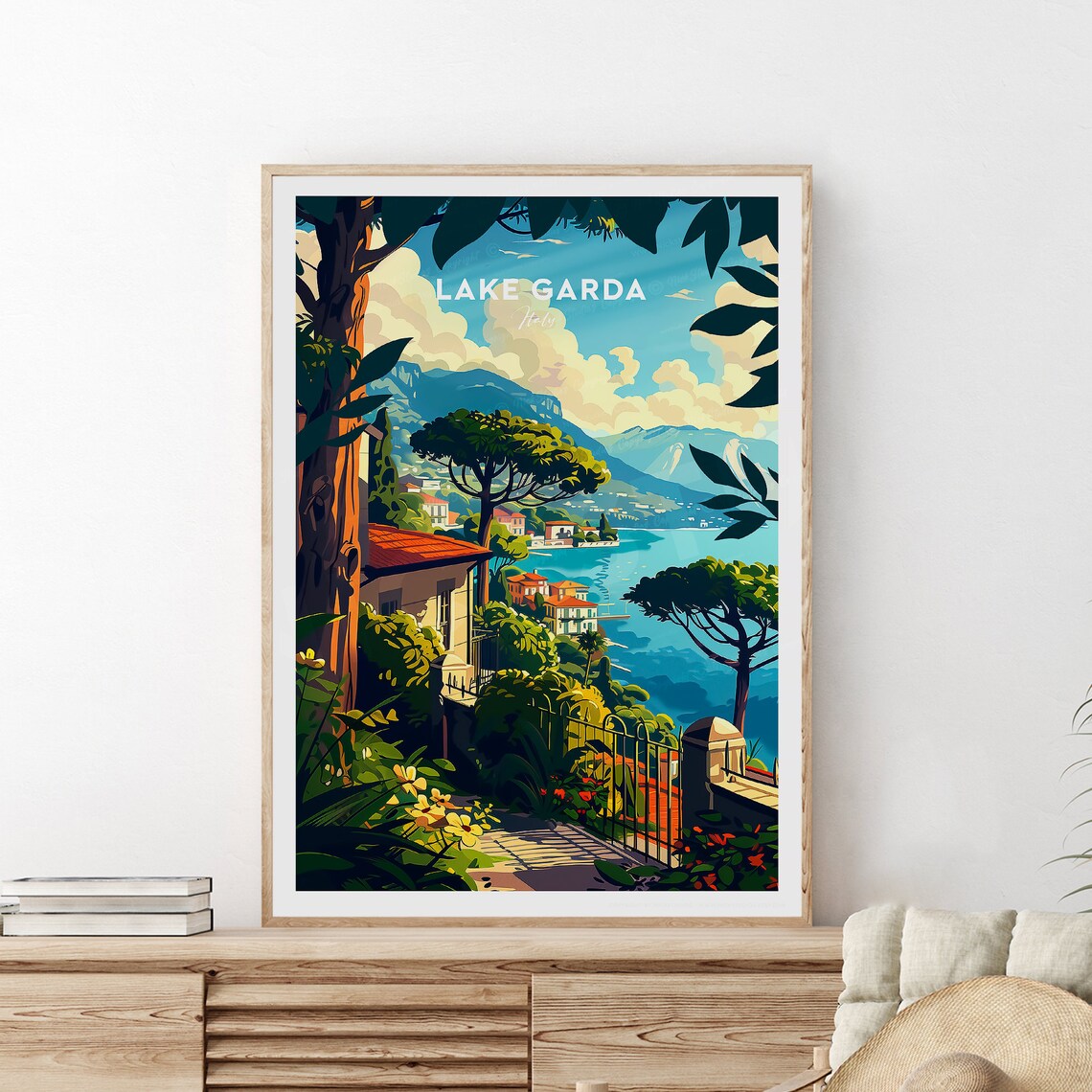 Lake Garda Italy Lakeside Villa Terrace Garden Sunset View Poster - Image 2