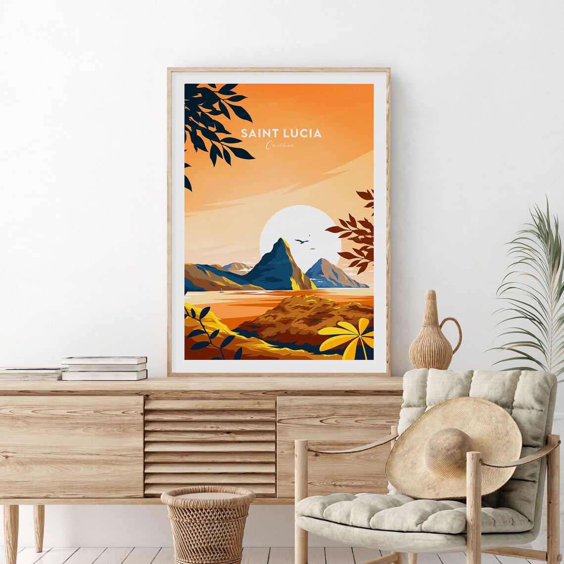 Saint Lucia Caribbean Sunset Over the Piton Peaks Travel Poster