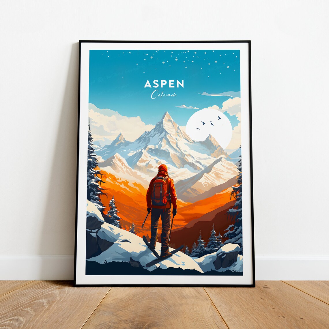 Aspen Colorado Skier On Snowy Peak Above Glowing Valleys Poster - Image 2