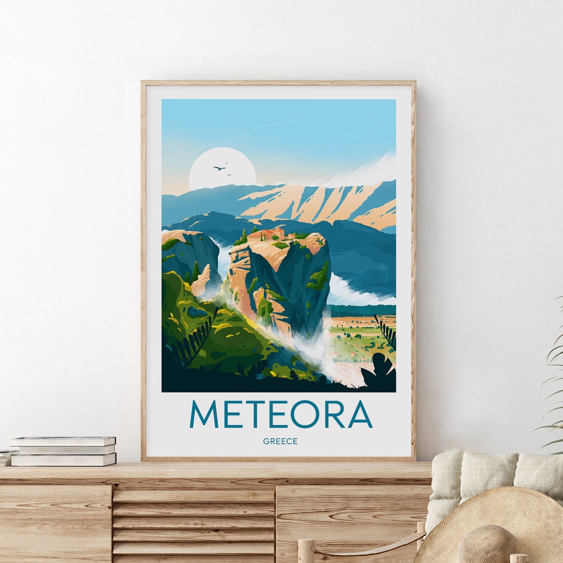 Meteora Greece Monastery Cliff Rock Pillar Moon Travel Poster
