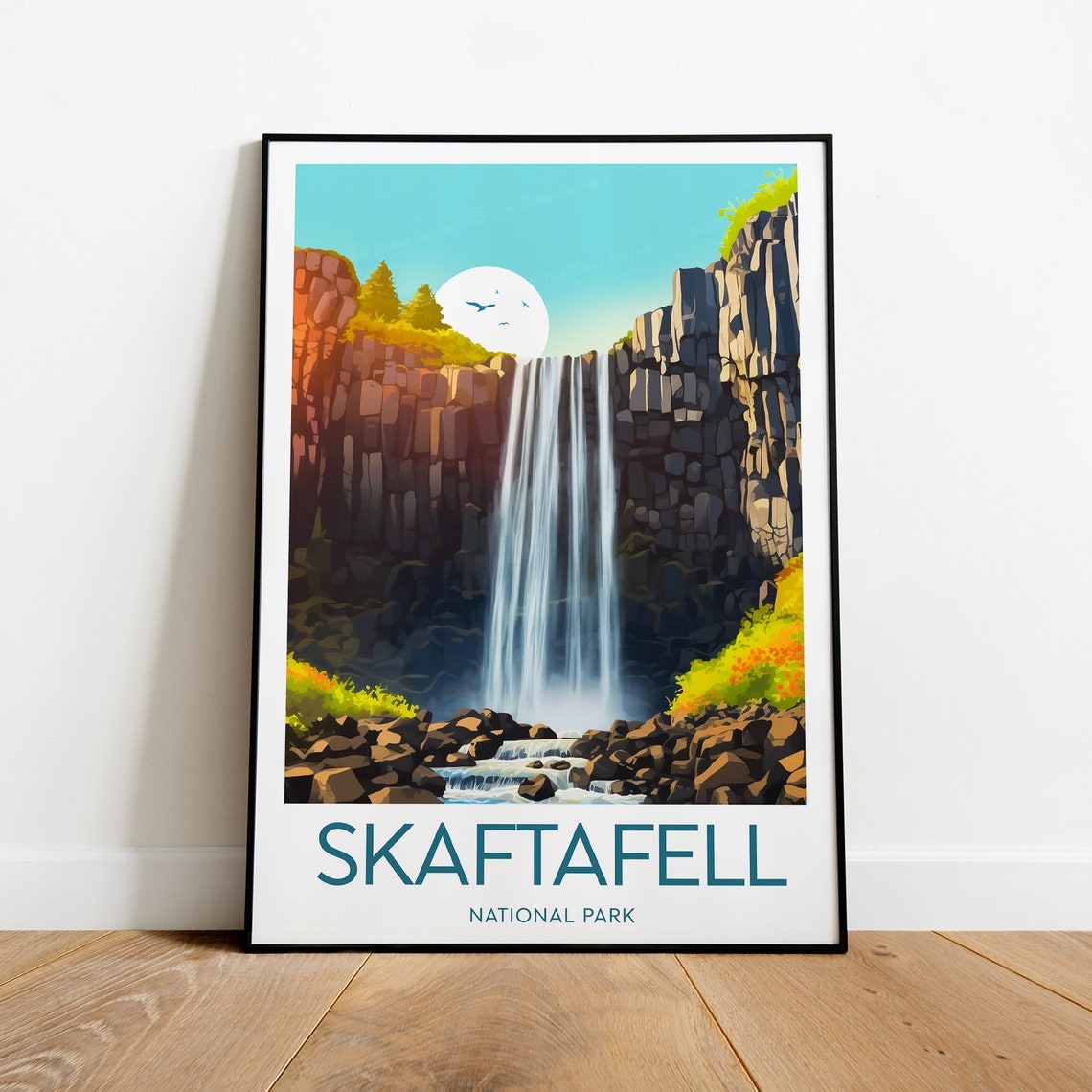 Skaftafell National Park Iceland Waterfall Basalt Cliffs Travel Poster