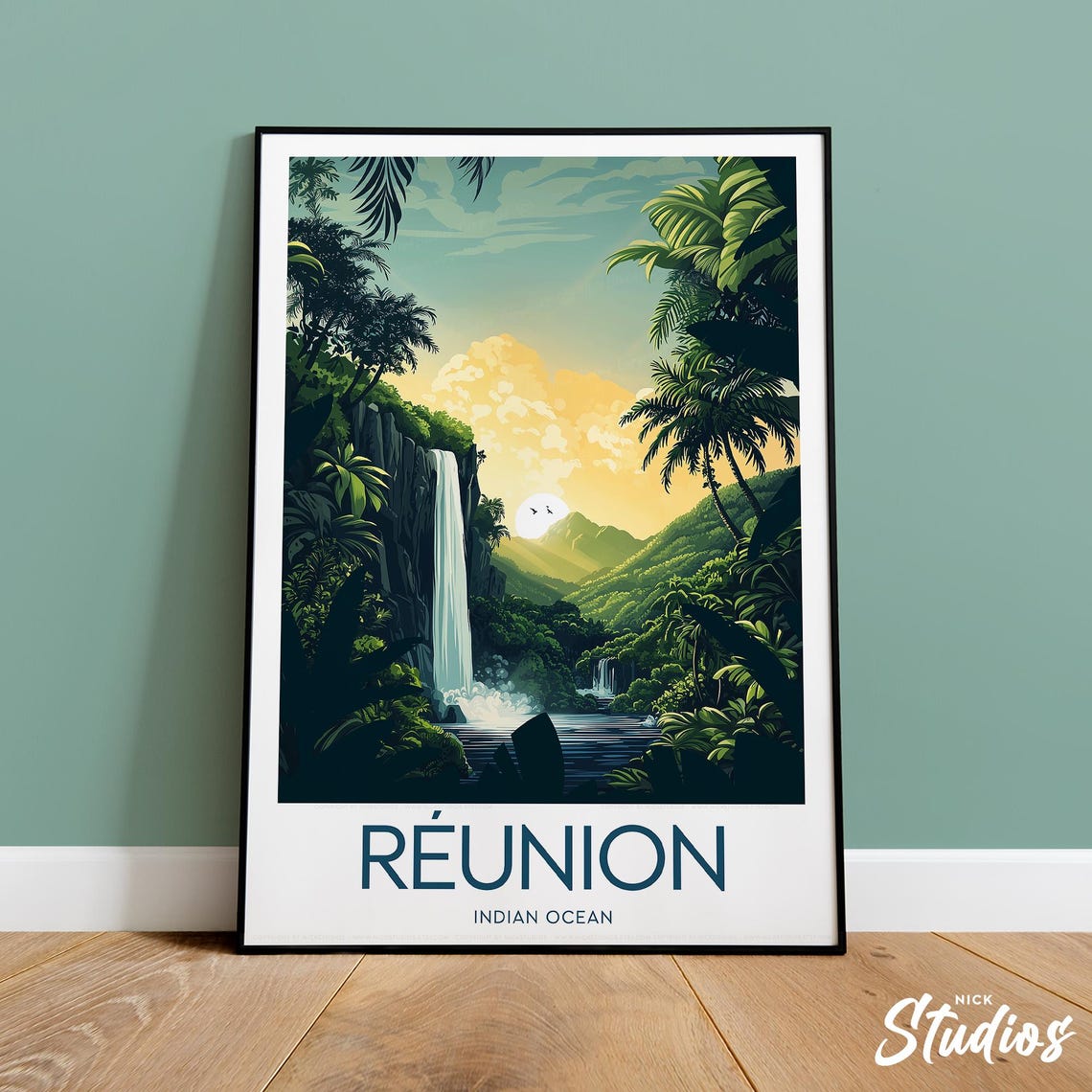 Reunion Island Waterfall Sunset Vintage Indian Ocean Travel Poster
