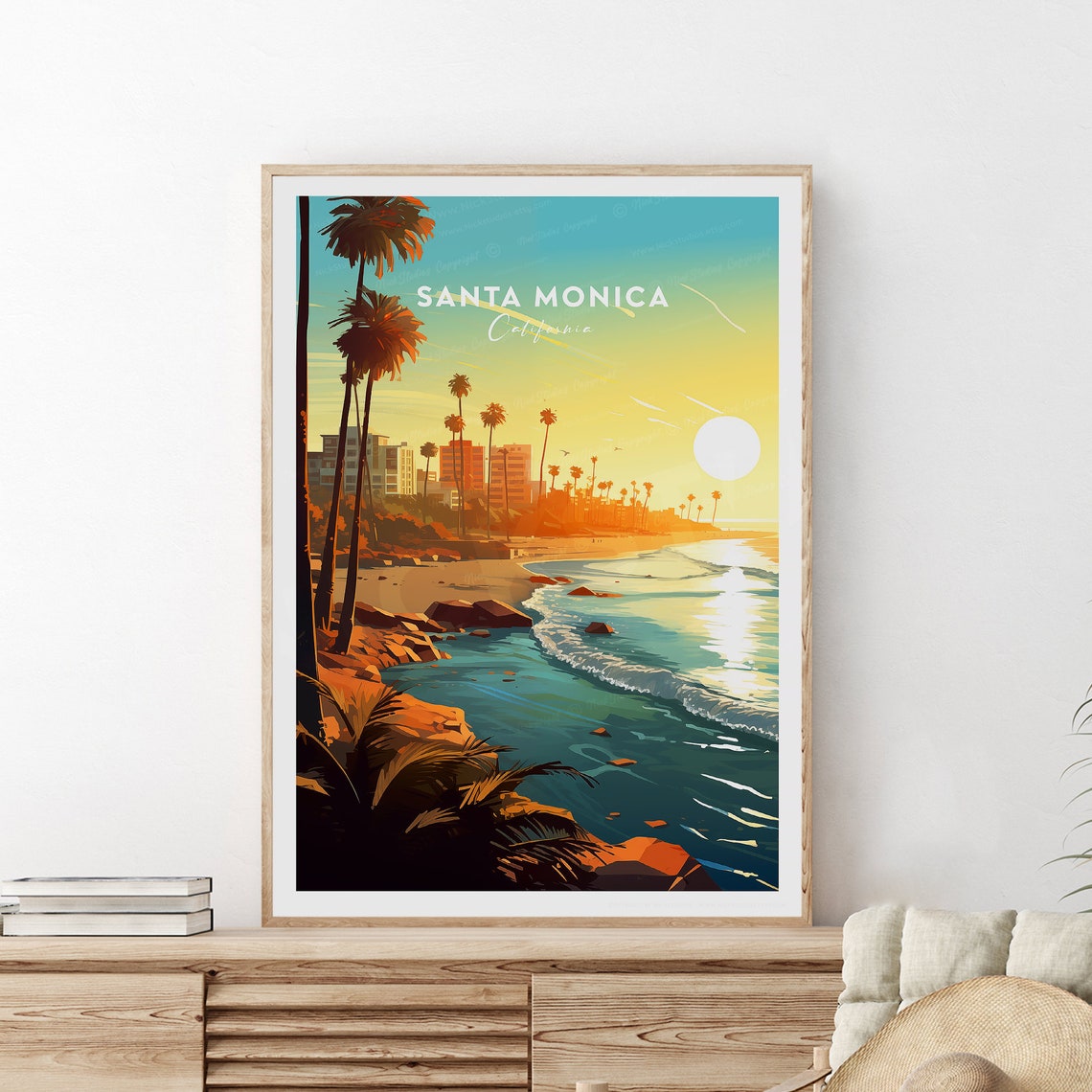 Santa Monica California Beach Sunset Palm Trees Travel Poster - Image 2