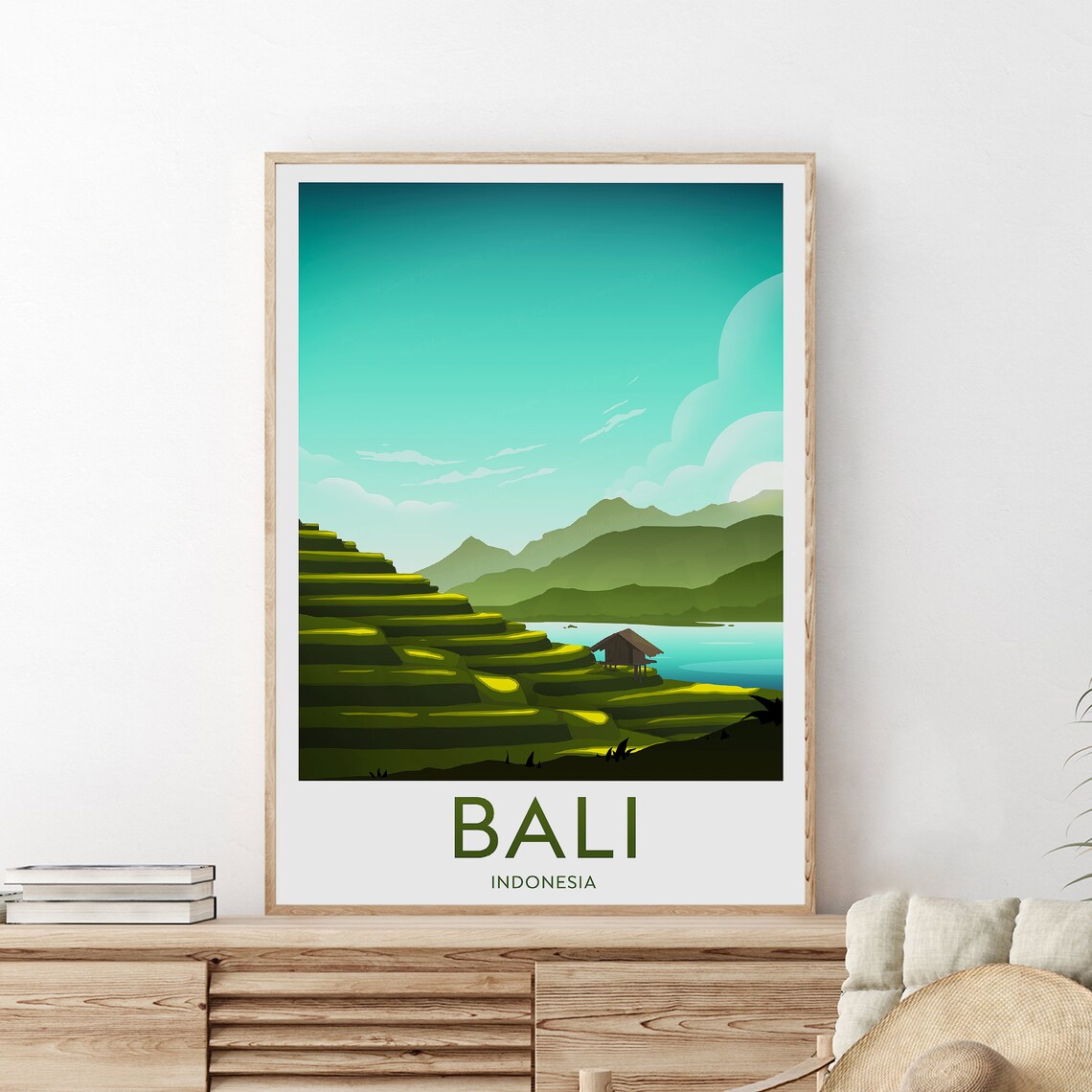 Bali Indonesia Lush Rice Terraces and Lake Hut Travel Poster