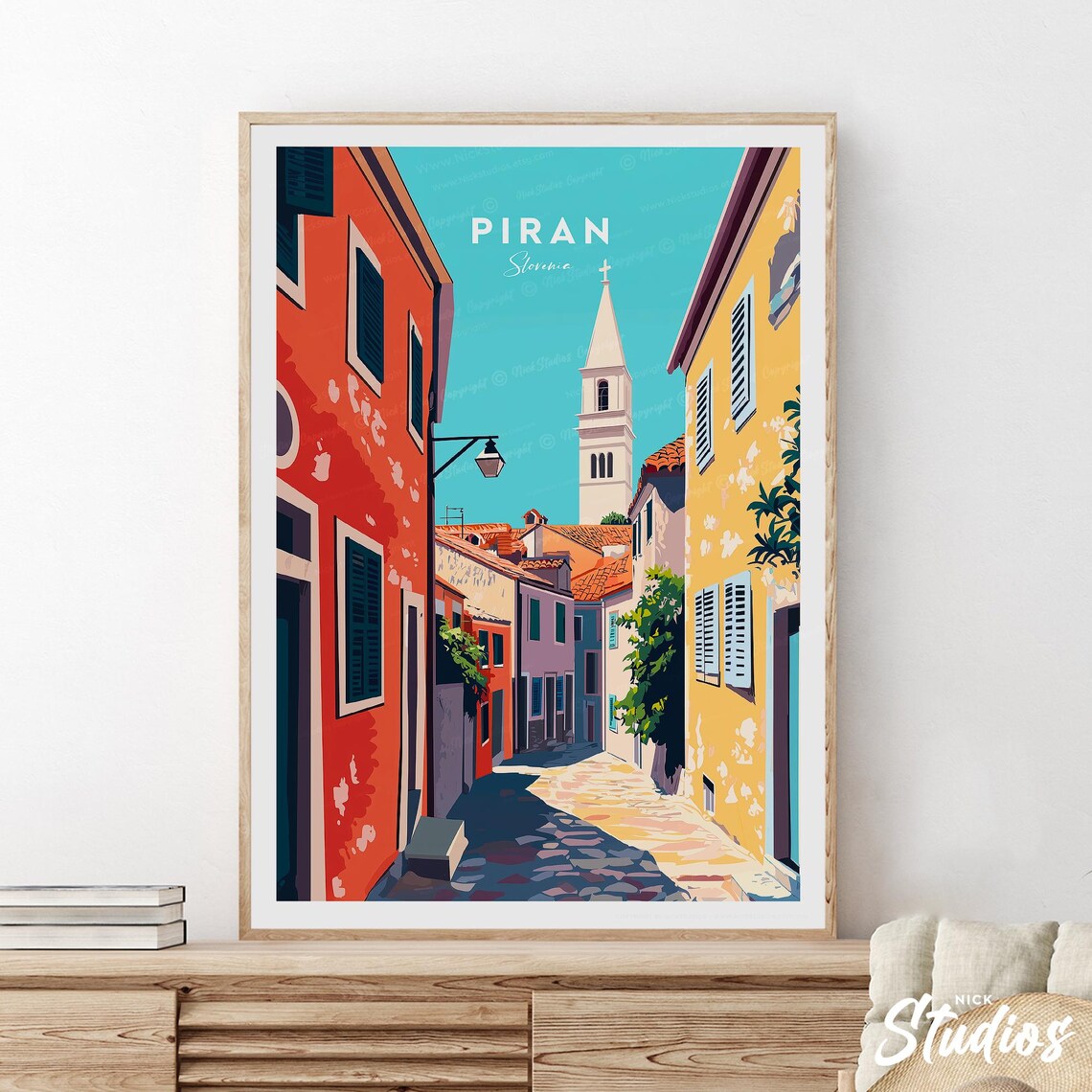 Piran Slovenia Old Town Street Bell Tower Mediterranean Travel Poster