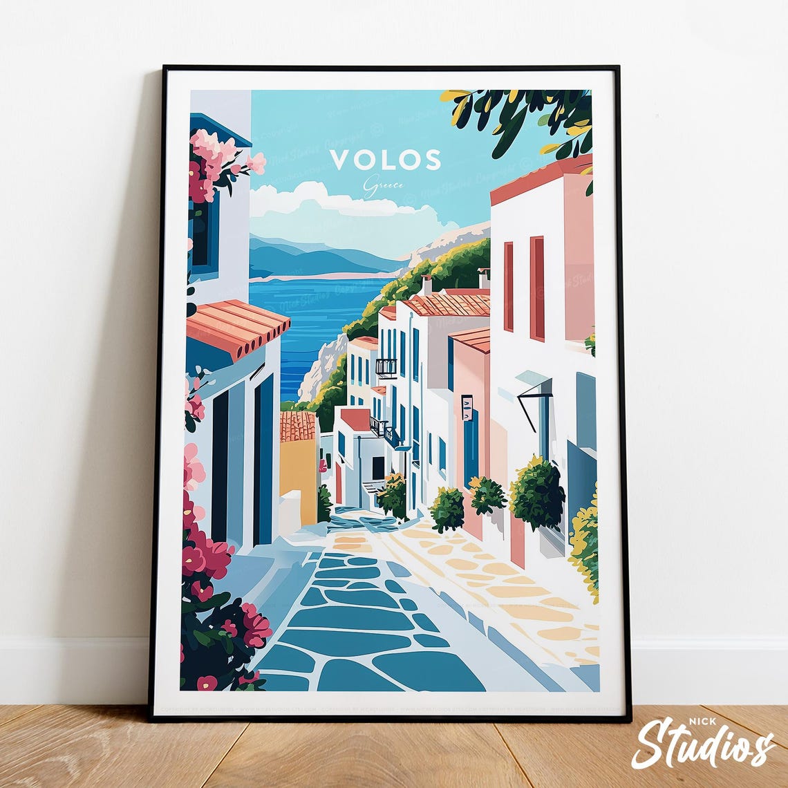 Volos Greece Harbor Town Balcony Retro Vintage Travel Poster