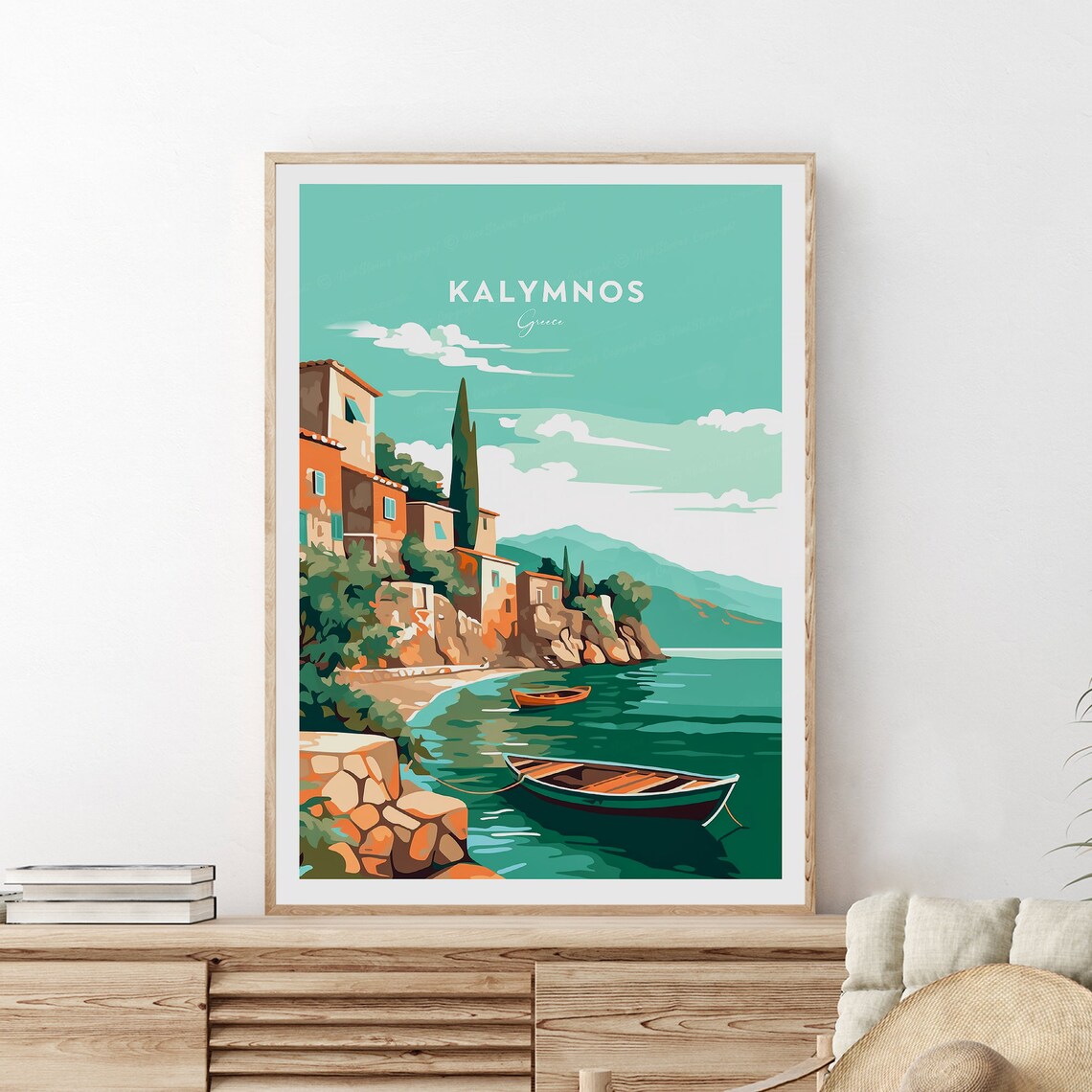 Kalymnos Harbor Village with Rowboats on a Greek Island Poster