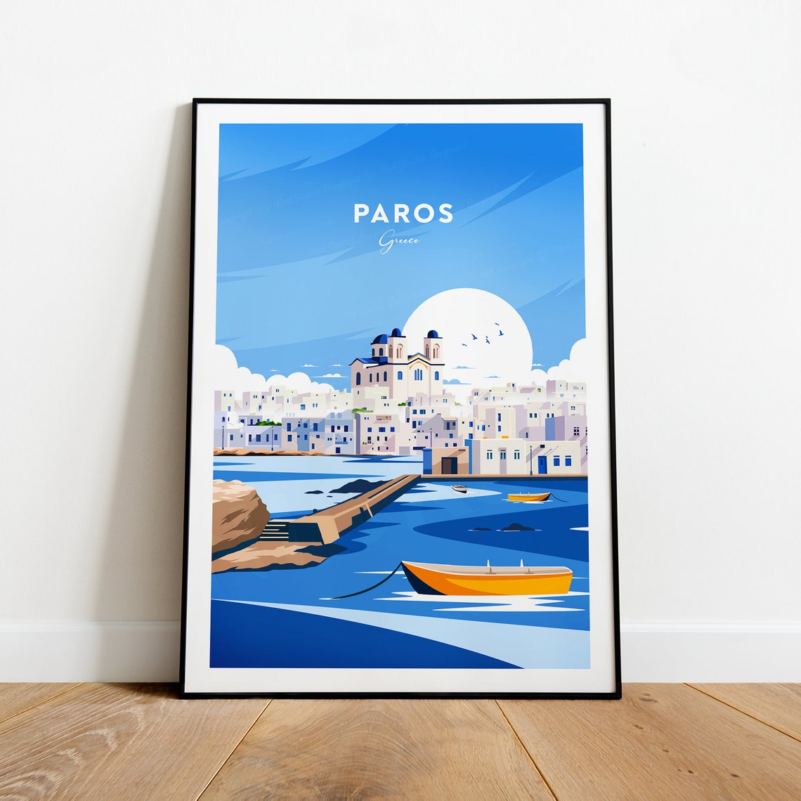Paros Greece Whitewashed Harbour Boats Vintage Travel Poster